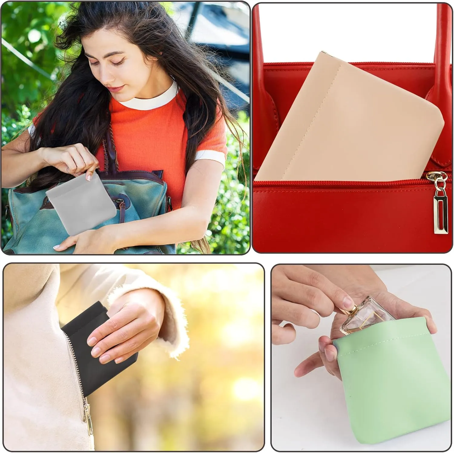 4Pcs Lambskin Pocket Cosmetic Bag, Portable Waterproof Small Makeup Bag No Zipper Self-Closing Small Makeup Pouch for Women Mini Makeup Bag Travel Storage for Cosmetics Headphones Jewelry(B-Style)