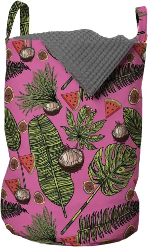 Ambesonne Summer Laundry Bag, Tropical Plants Monstera Banana Palm Leaves Watermelon Coconut Fig Pattern, Hamper Basket with Handles Drawstring Closure for Laundromats, 13" x 19", Pink and Multicolor