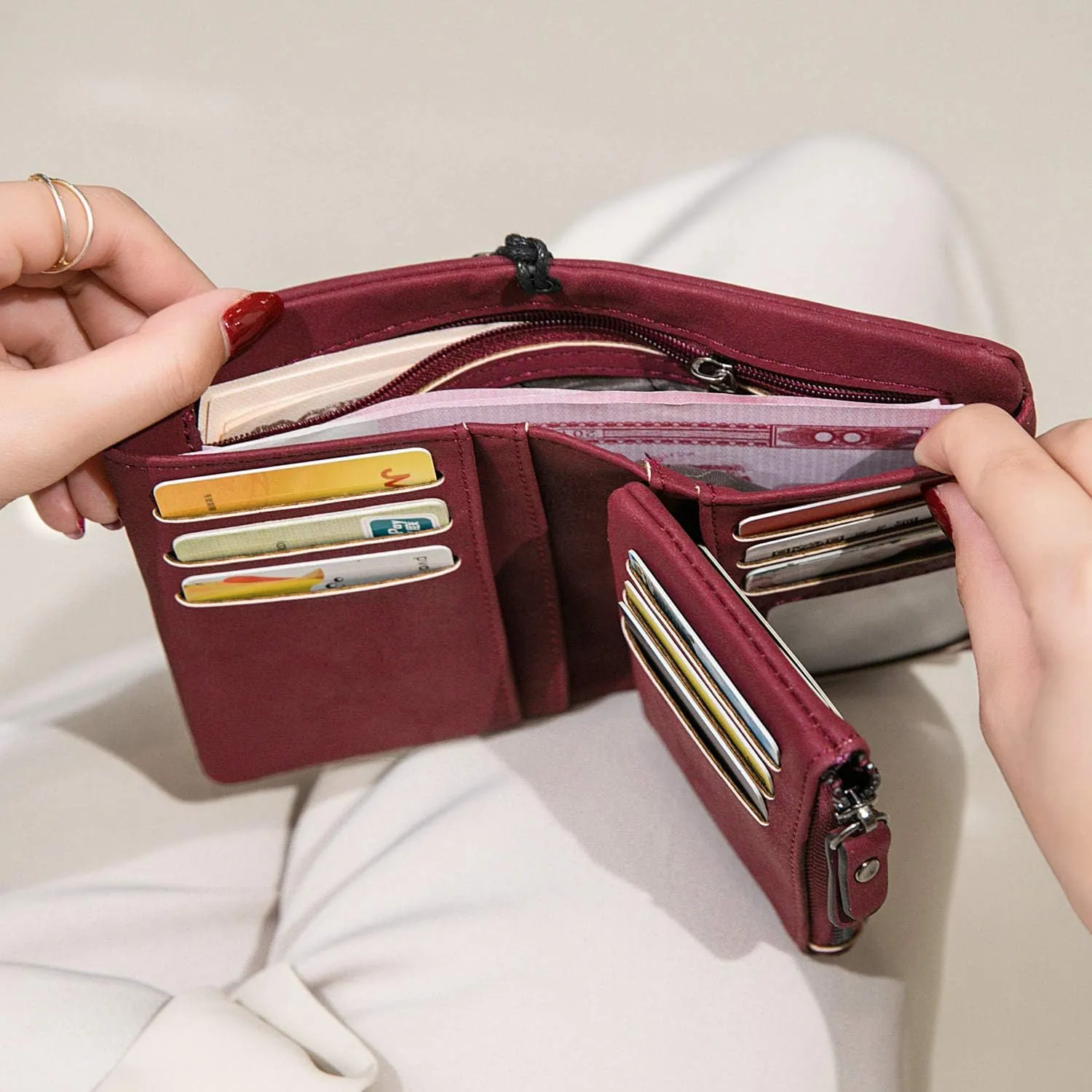AOXONEL Women's Small Bifold Leather wallet Rfid blocking Ladies Wristlet with Card holder id window Coin Purse