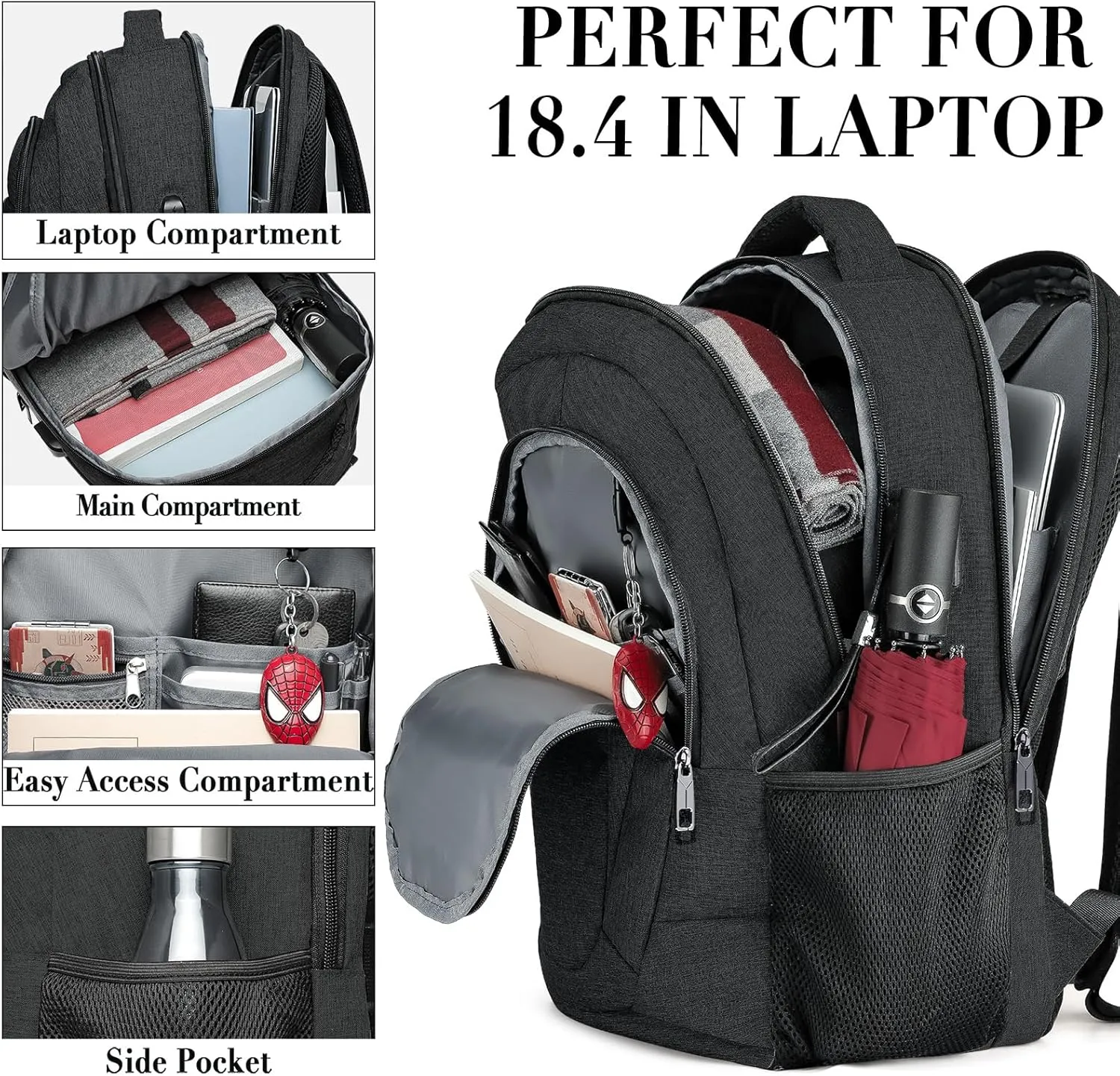 BIKROD 45L Extra Large Travel Laptop Backpack for Men and Women, Carry on Back Pack with USB Charging Port Fit 18.4 IN Laptop, Black, Gift