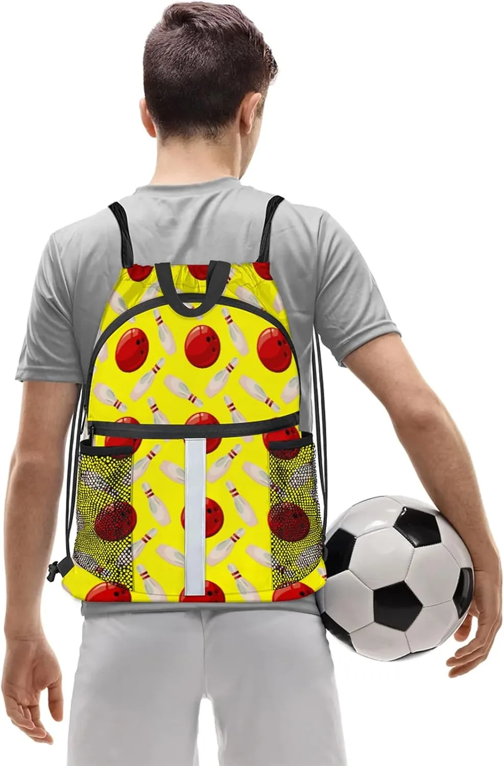 Bowling Ball Drawstring Backpack Yellow Sports Gym Sackpack for Women Men Waterproof String Bag with Mesh Pockets