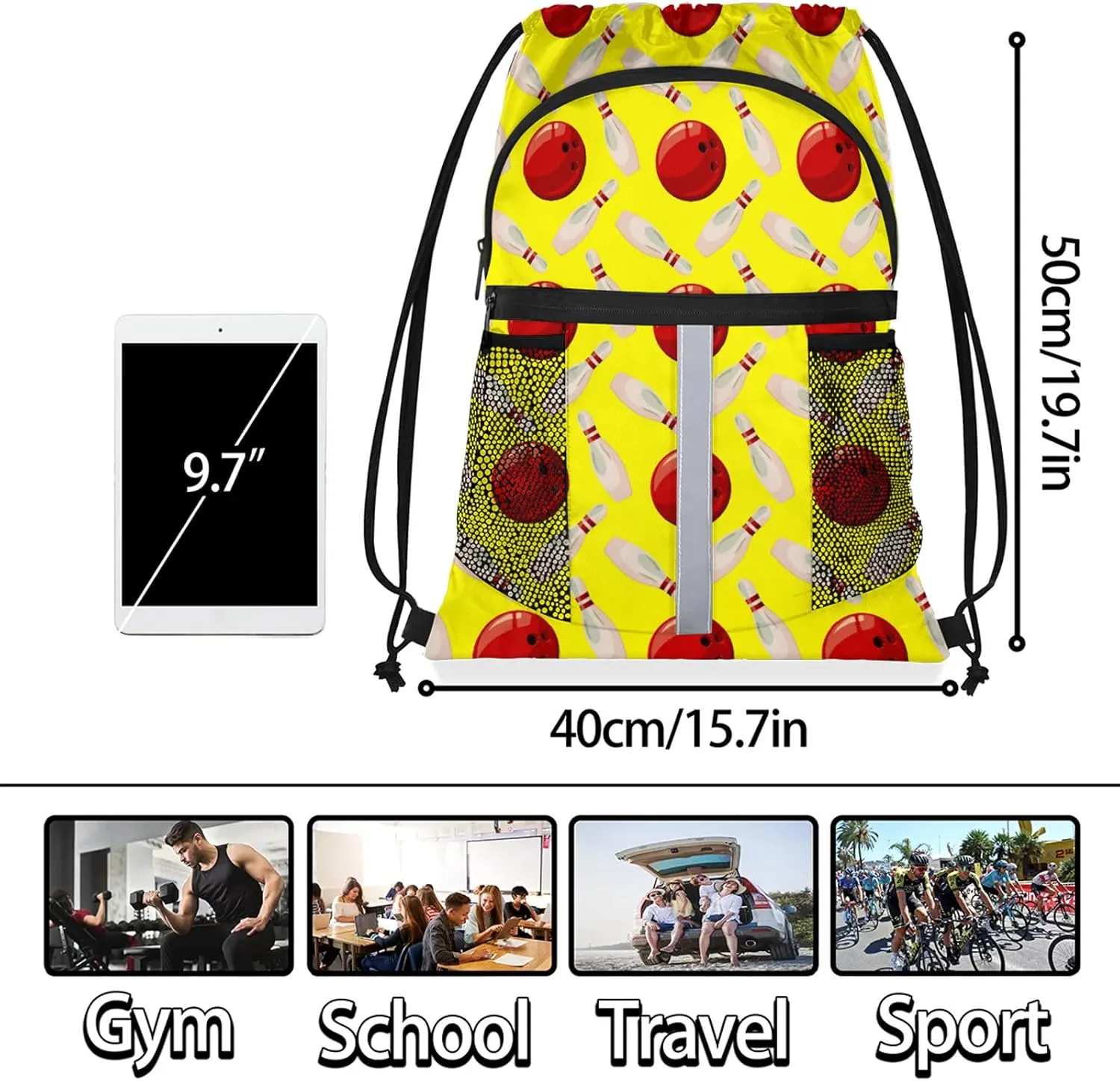 Bowling Ball Drawstring Backpack Yellow Sports Gym Sackpack for Women Men Waterproof String Bag with Mesh Pockets