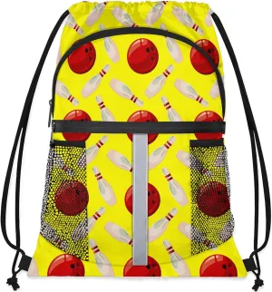 Bowling Ball Drawstring Backpack Yellow Sports Gym Sackpack for Women Men Waterproof String Bag with Mesh Pockets