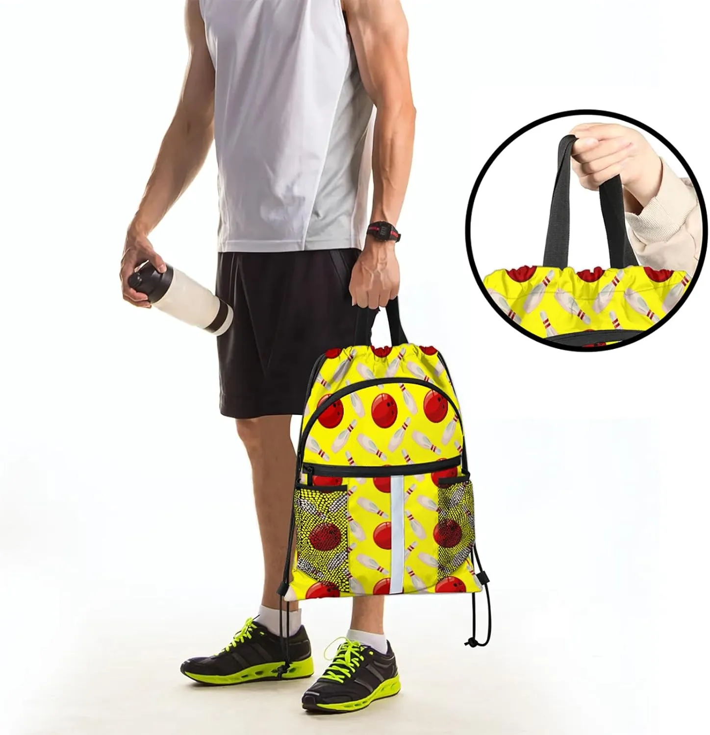 Bowling Ball Drawstring Backpack Yellow Sports Gym Sackpack for Women Men Waterproof String Bag with Mesh Pockets