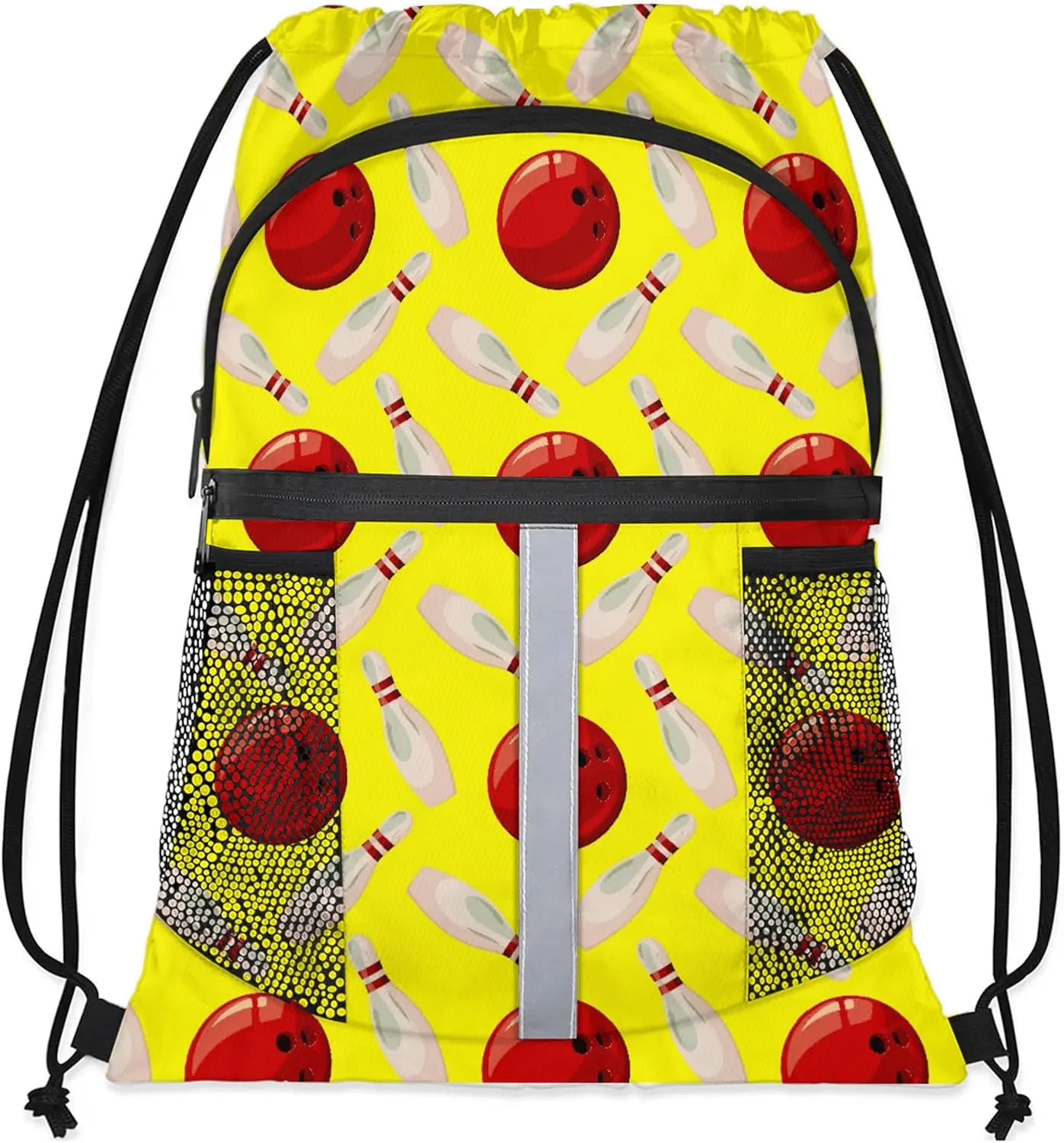 Bowling Ball Drawstring Backpack Yellow Sports Gym Sackpack for Women Men Waterproof String Bag with Mesh Pockets