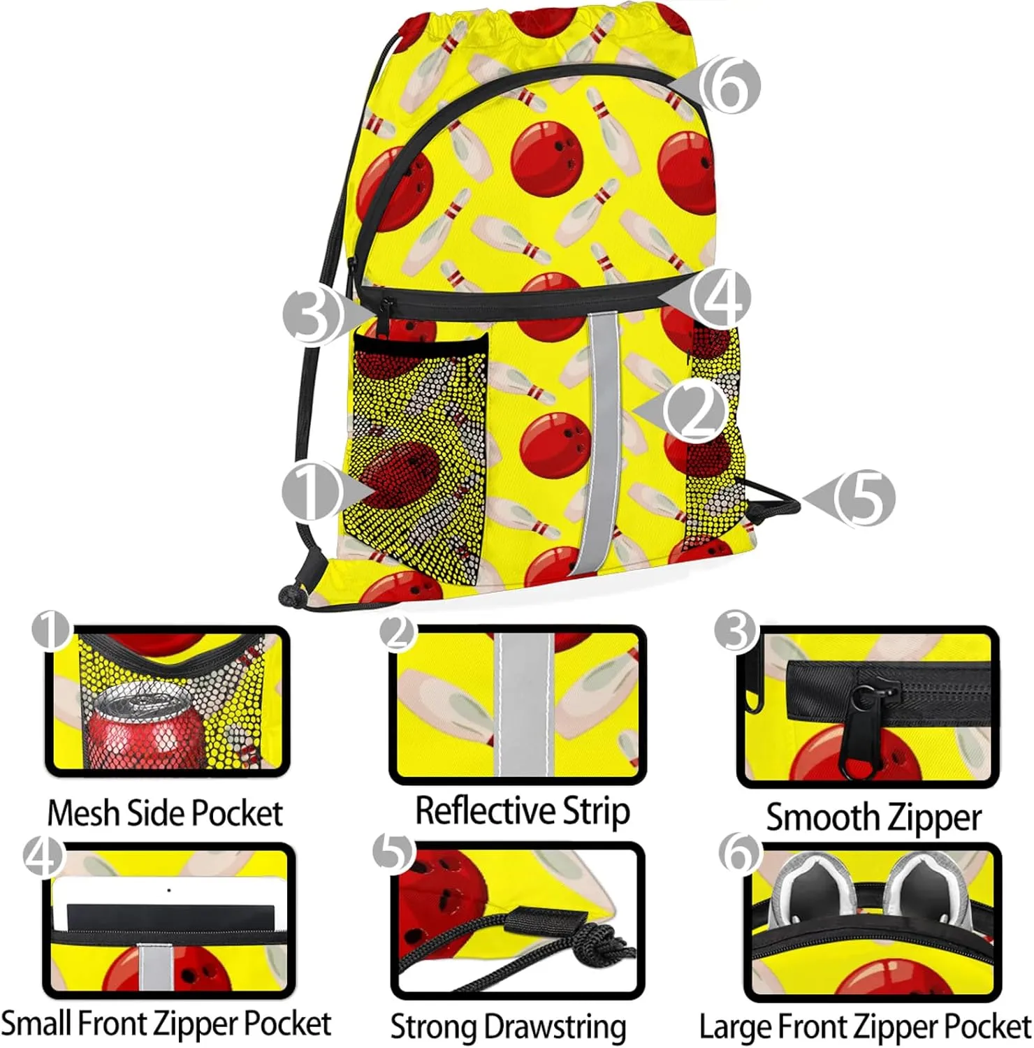 Bowling Ball Drawstring Backpack Yellow Sports Gym Sackpack for Women Men Waterproof String Bag with Mesh Pockets