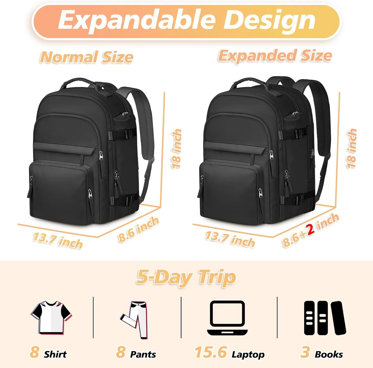 Carry on Backpack, Extra Large 40L Travel Backpack Flight Approved for Men Women, Expandable Weekender Bag Fits 17 Inch Notebook, College Business Casual Daypack with Shoe Bag, Black