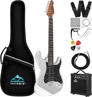 EASTROCK 39 inch Full-Size Electric Guitar Kit for Beginner Starte Bag, Capo, Shoulder Strap, String, Cable, Picks. (39" Right Handed, Silver Gray)