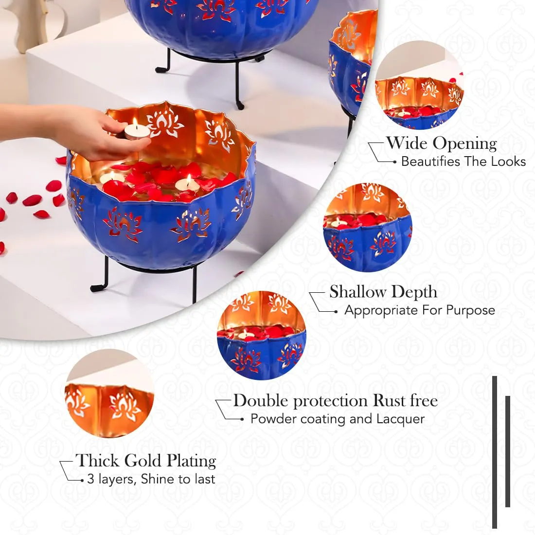 Ekhasa Big Combo Pack Urli Bowl Set with Stand for Home Decor and Decorative Items (includes 3 Bowls, 3 Stands, 7 Tealight Holders) | Floating Flowers Water Bowl for Diwali Pooja, Festival Decoration