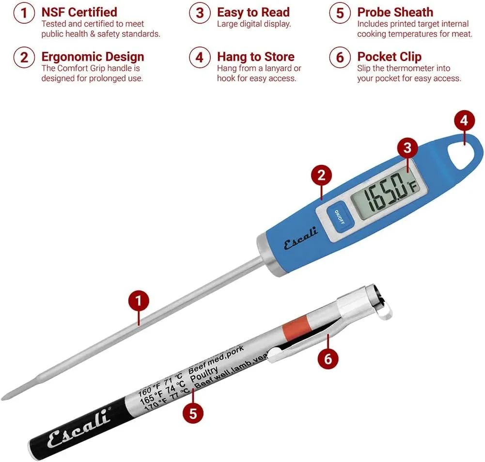 Escali DH1 Gourmet Digital Meat Thermometer with Extra Long Probe, NSF Certified, Blue