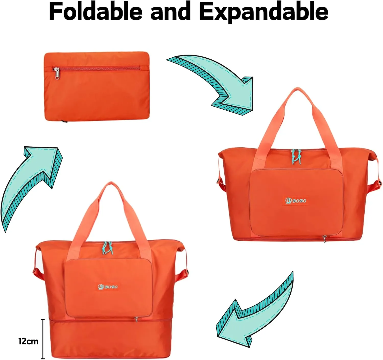 Expandable Travel Duffle Bag for Women Men, Lightweight Foldable Travel Tote Bags Gym Bag, Large Waterproof Carry On Weekender Overnight Bag with Wet Pocket for Workout, Fitness, Shopping Black