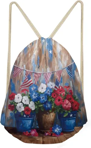 Girls Boys Patriot Day Drawstring Backpack American Flag Theme Book Bag Drawstring Gym Bag Blue Flower Pattern Middle High School Swim Shoulder Bag