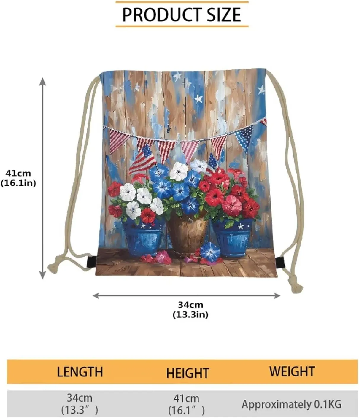 Girls Boys Patriot Day Drawstring Backpack American Flag Theme Book Bag Drawstring Gym Bag Blue Flower Pattern Middle High School Swim Shoulder Bag