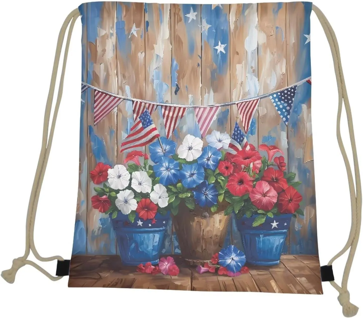 Girls Boys Patriot Day Drawstring Backpack American Flag Theme Book Bag Drawstring Gym Bag Blue Flower Pattern Middle High School Swim Shoulder Bag