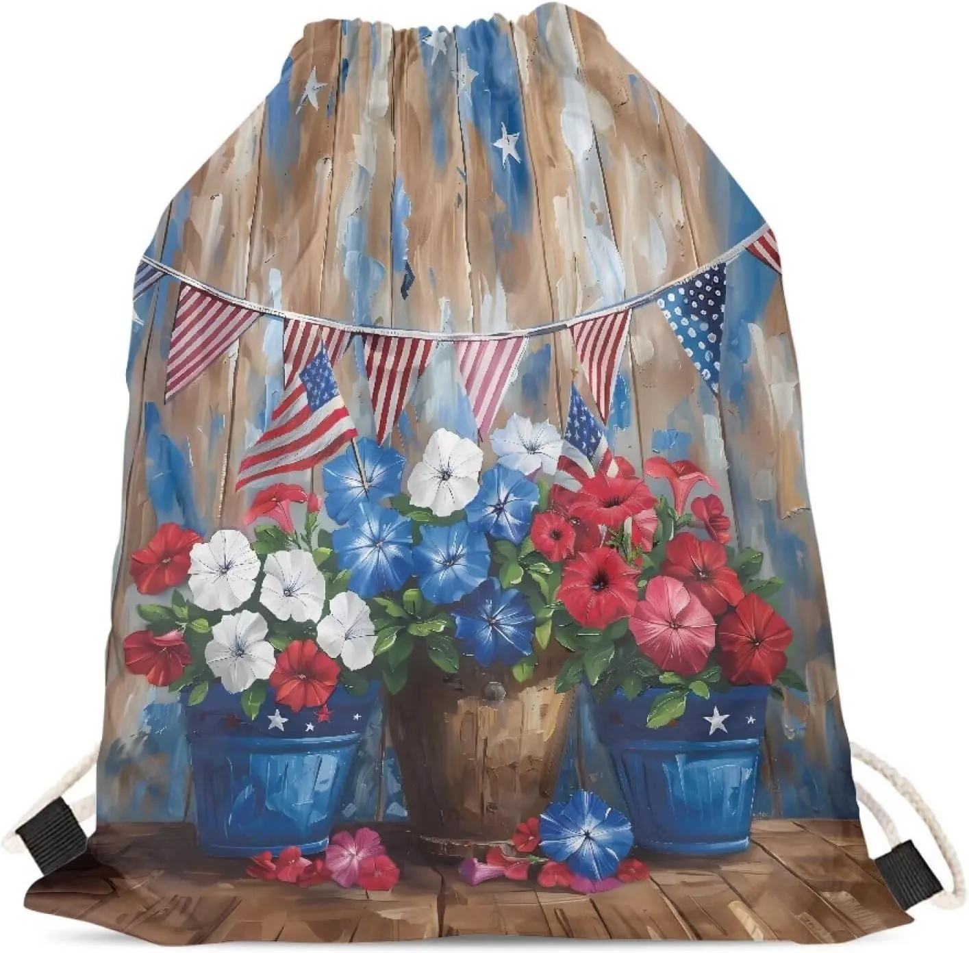 Girls Boys Patriot Day Drawstring Backpack American Flag Theme Book Bag Drawstring Gym Bag Blue Flower Pattern Middle High School Swim Shoulder Bag