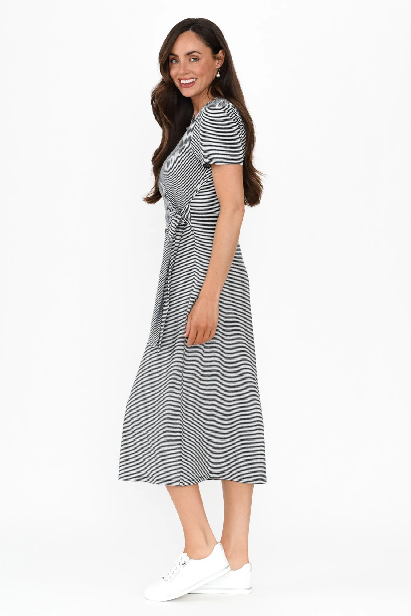 Kitt Black Stripe Cotton Stretch Tie Dress