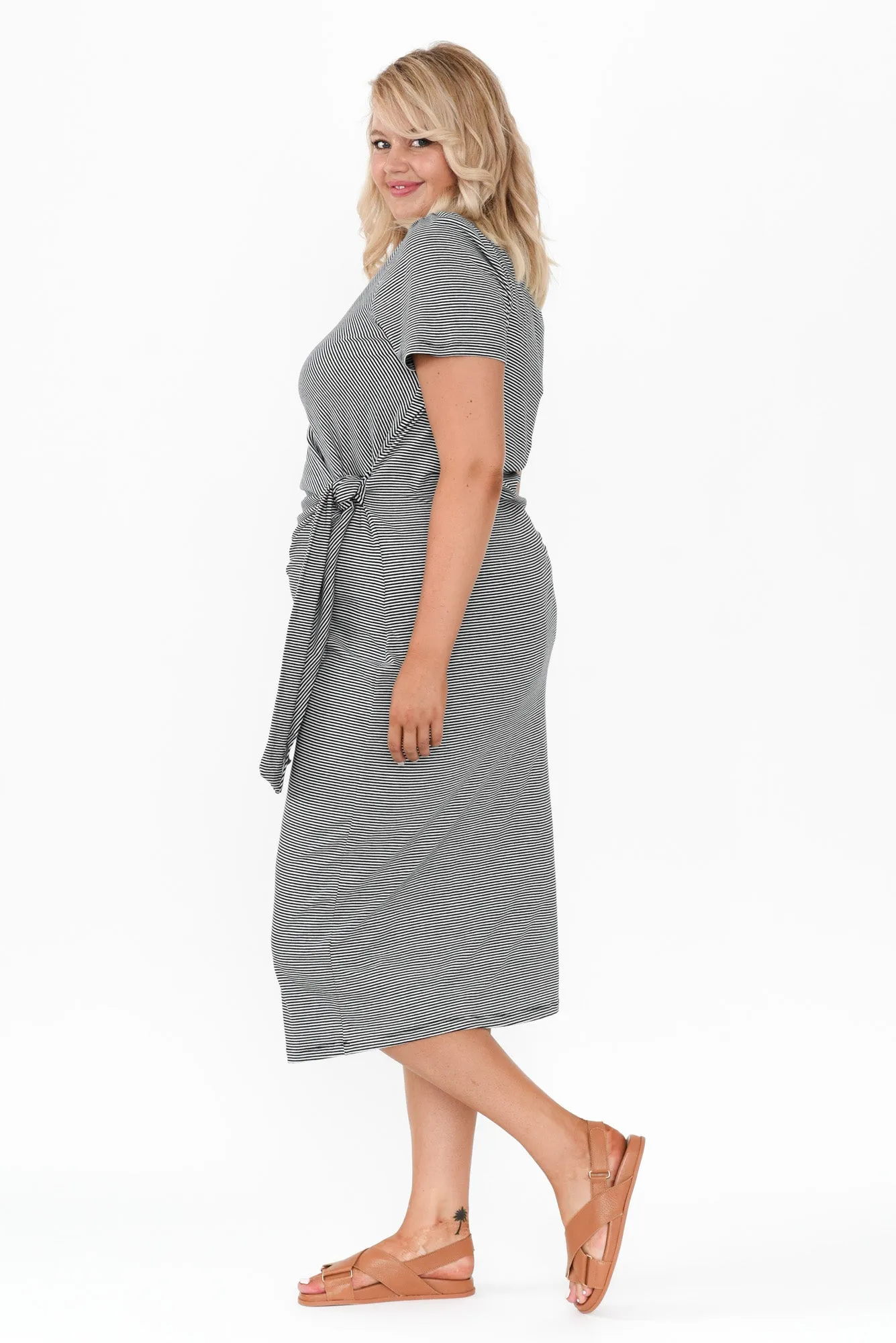 Kitt Black Stripe Cotton Stretch Tie Dress