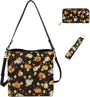 Leather Bucket Bags for Women Messenger Bag Matching Wallet and Keychain Accsessory 3 Pcs