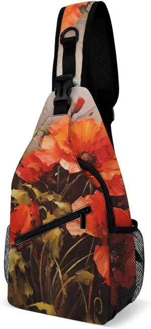 Lightweight Chest Bag Crossbody Bag Oil Painting Red Flower Sling Backpack for Women Men Sports Travel