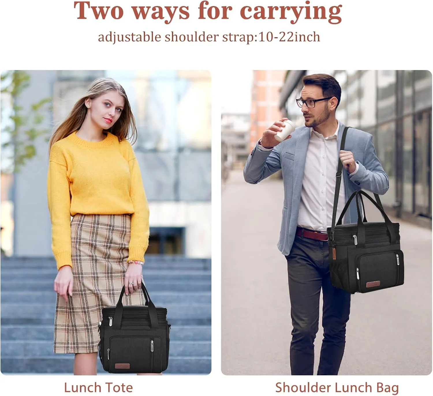 LOKASS Lunch Box for Women, 16L, Double Deck Expandable Insulated Lunch box For Adults/Women Thermal Large Waterproof Leakproof Cooler Bag with Shoulder Strap - Black