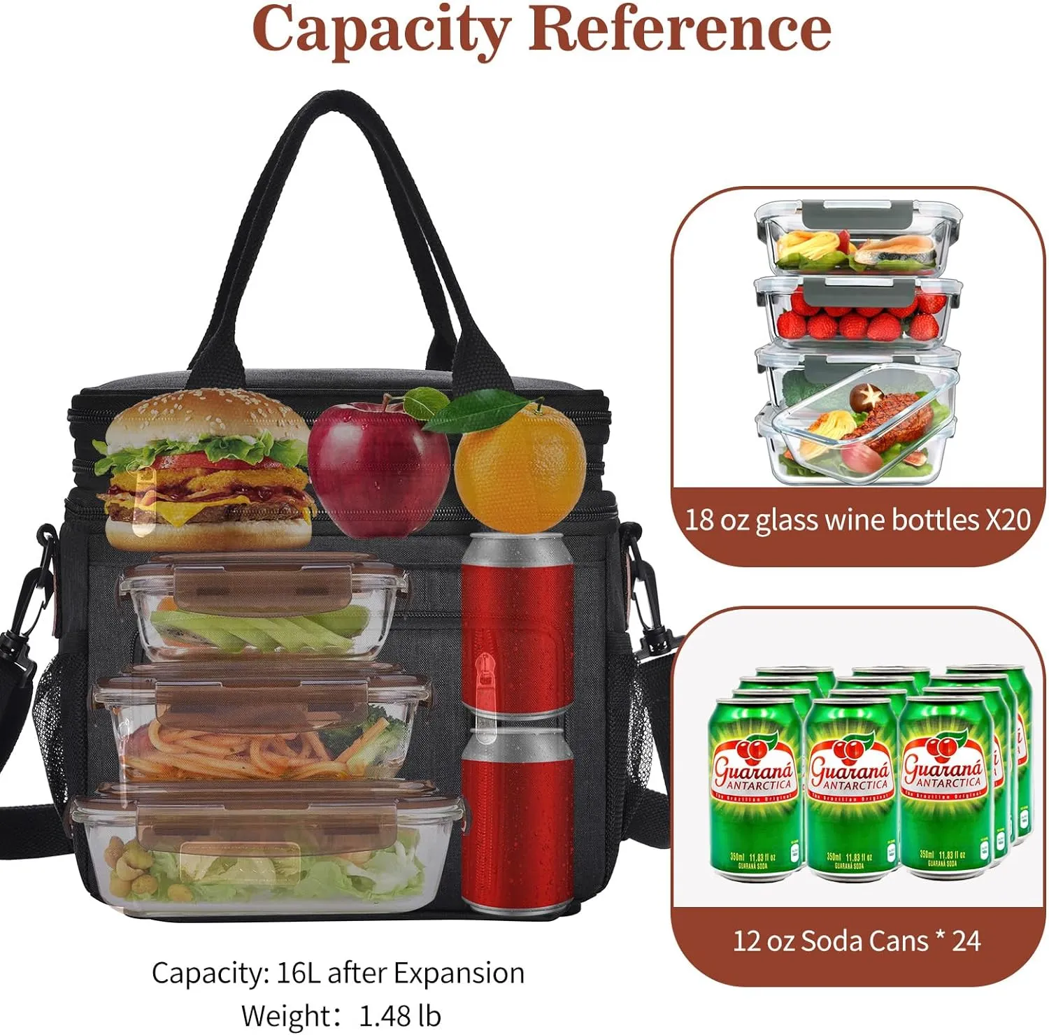 LOKASS Lunch Box for Women, 16L, Double Deck Expandable Insulated Lunch box For Adults/Women Thermal Large Waterproof Leakproof Cooler Bag with Shoulder Strap - Black
