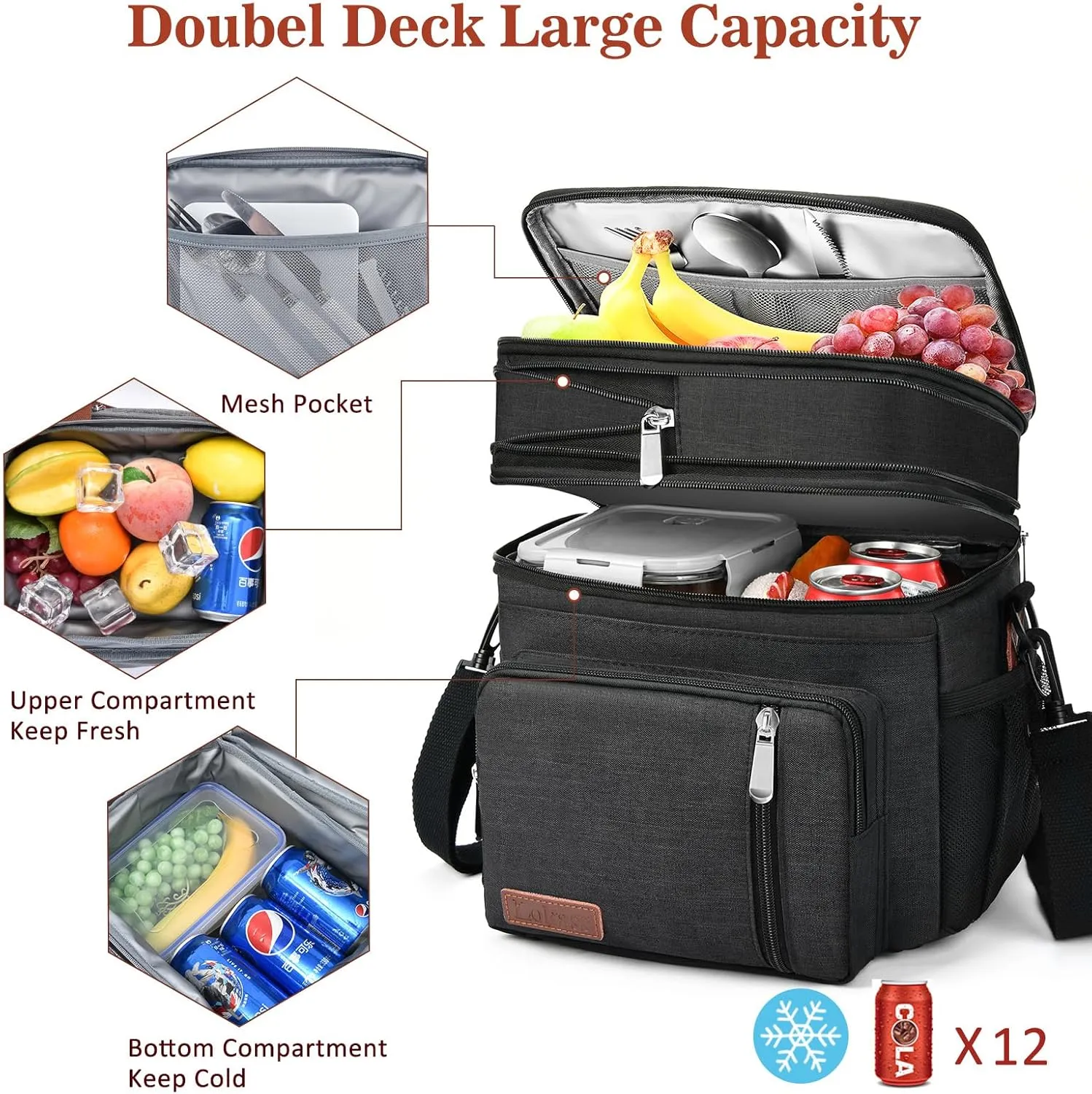 LOKASS Lunch Box for Women, 16L, Double Deck Expandable Insulated Lunch box For Adults/Women Thermal Large Waterproof Leakproof Cooler Bag with Shoulder Strap - Black
