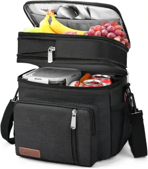 LOKASS Lunch Box for Women, 16L, Double Deck Expandable Insulated Lunch box For Adults/Women Thermal Large Waterproof Leakproof Cooler Bag with Shoulder Strap - Black