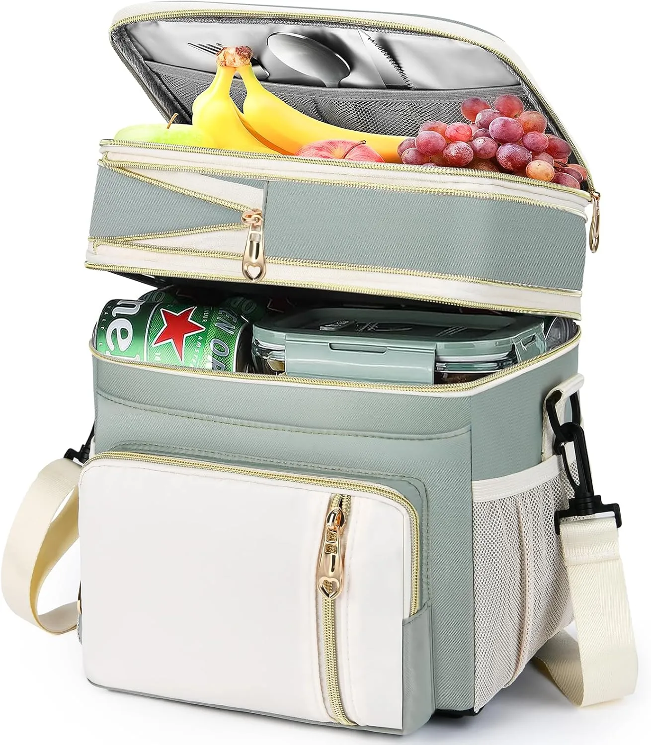 LOKASS Lunch Box for Women, 16L, Double Deck Expandable Insulated Lunch box For Adults/Women Thermal Large Waterproof Leakproof Cooler Bag with Shoulder Strap - Grey Green
