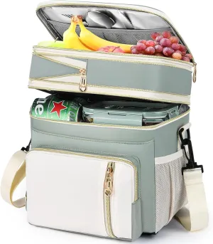 LOKASS Lunch Box for Women, 16L, Double Deck Expandable Insulated Lunch box For Adults/Women Thermal Large Waterproof Leakproof Cooler Bag with Shoulder Strap - Grey Green