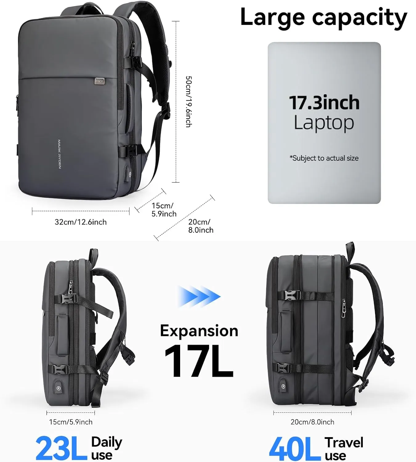 MARK RYDEN Travel Backpack for Men, 40L Airline Approved Carry on Backpack with USB Charging Port, 17.3 Inch Waterproof Business Laptop Backpack