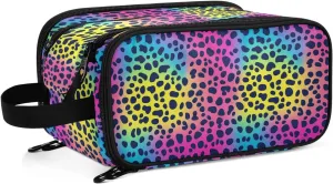 Neon Leopard Print Large Capacity Travel Cosmetic Bag Full Print Firm Fabric with Handle Dual Zipper Toiletry Organizer for Makeup Brushes Skincare & Bathroom Essentials