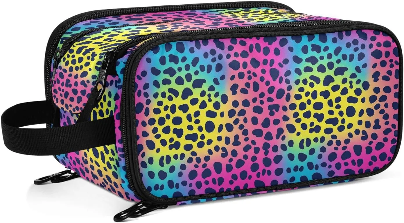 Neon Leopard Print Large Capacity Travel Cosmetic Bag Full Print Firm Fabric with Handle Dual Zipper Toiletry Organizer for Makeup Brushes Skincare & Bathroom Essentials