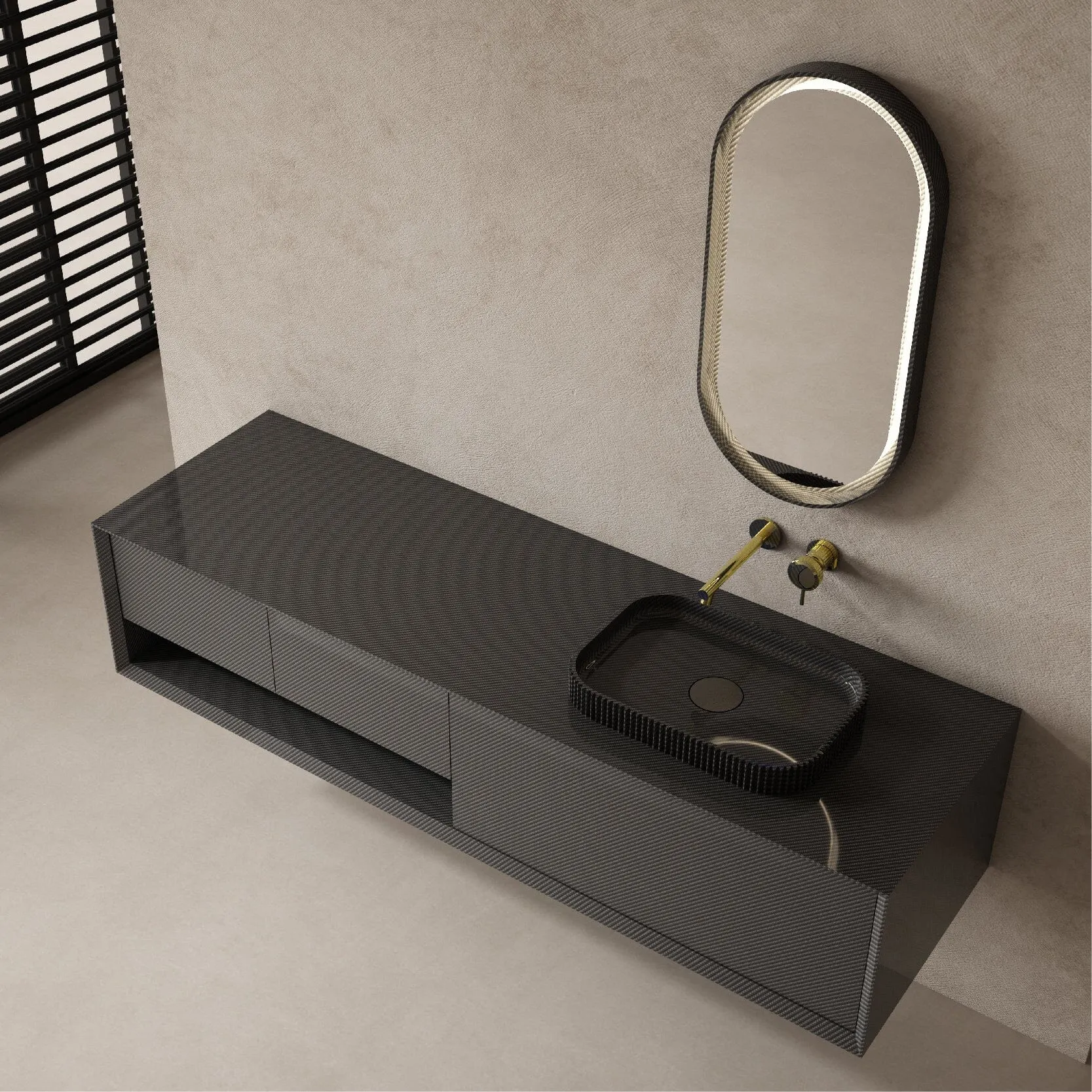Noir 1600mm Carbon Fibre Wall Hung Bathroom Vanity Unit with Basin Ex-display