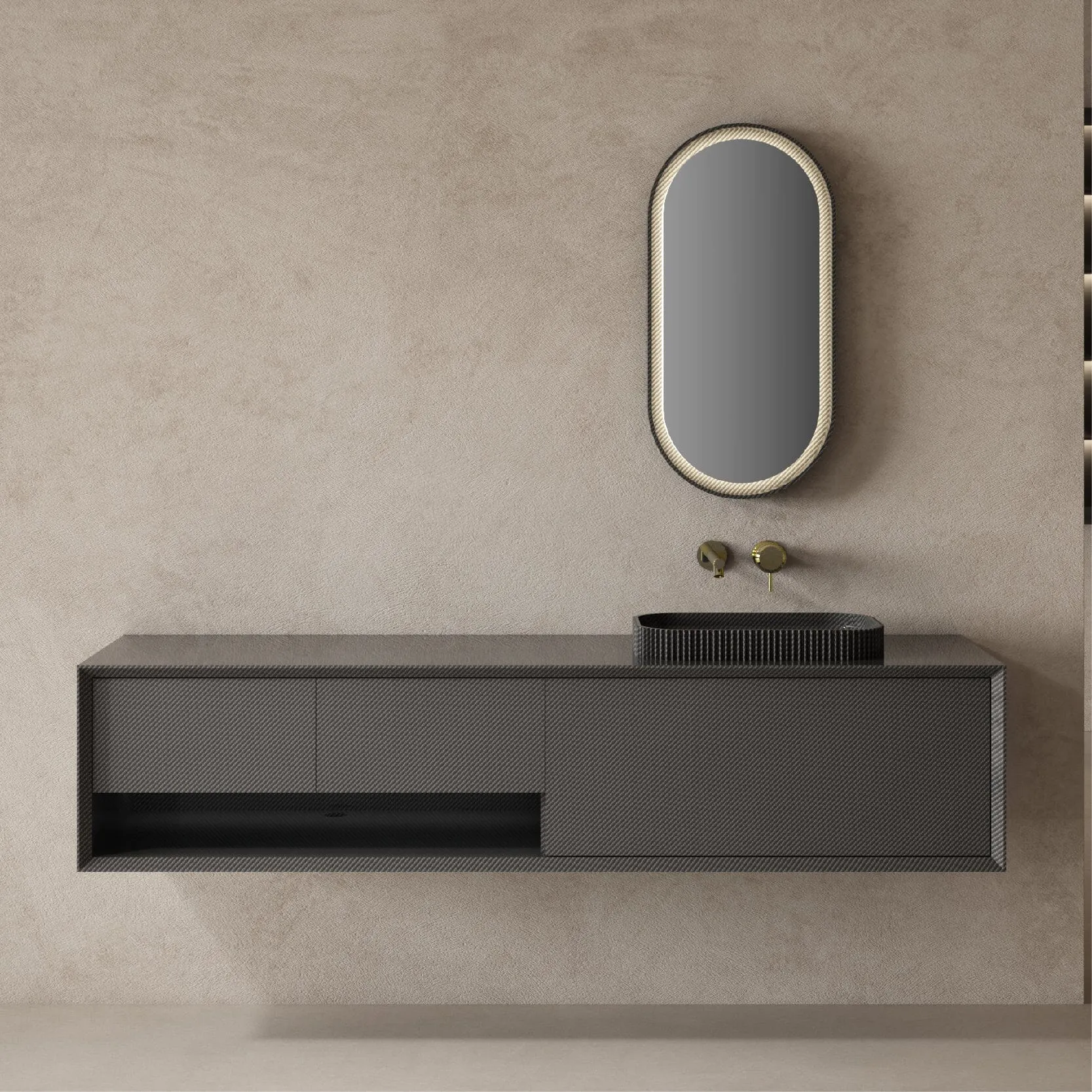 Noir 1600mm Carbon Fibre Wall Hung Bathroom Vanity Unit with Basin Ex-display