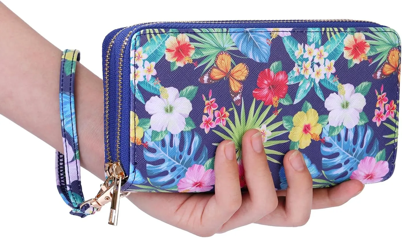 RFID Blocking Double Zip Wallet for Women Large Wristlet Clutch Bag Multi Card Holder Phone Case with Purse