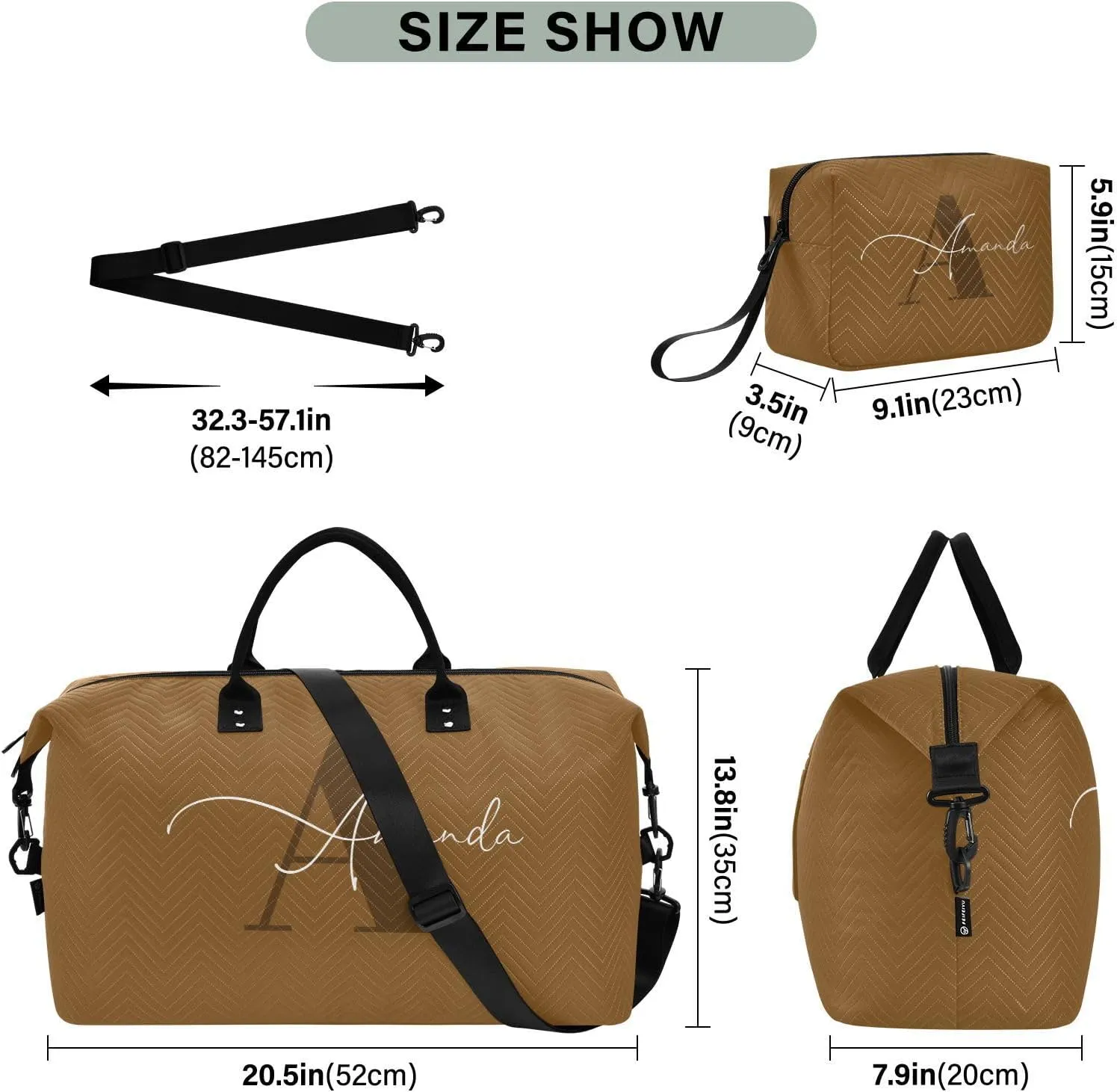 Sinestour Brown Custom Travel Duffel Bag for Men Women with Makeup Bag Personalized Weekend Overnight Carry On Bags for Hospital Travel Gym