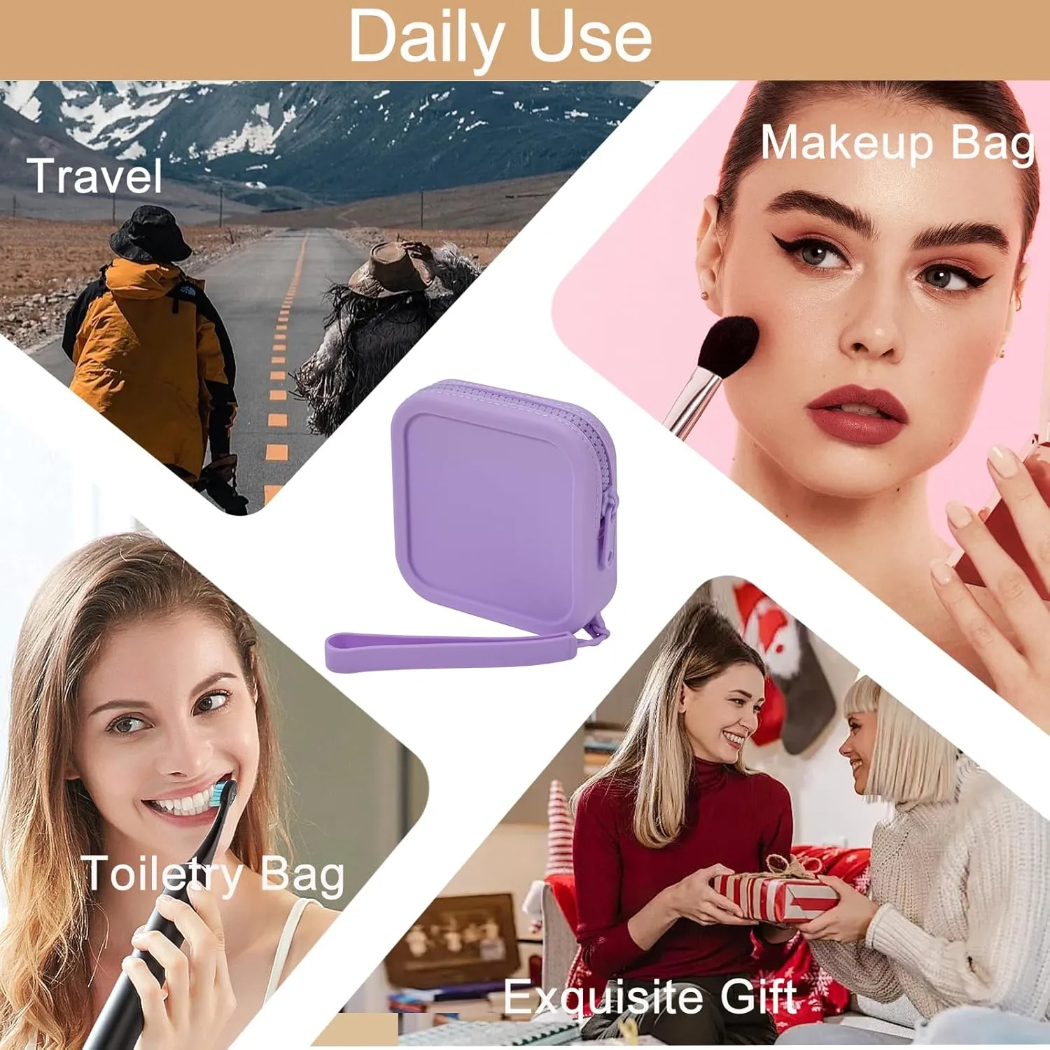 Small Square Portable Silicone Makeup Bag for Women Girls, Small Travel Lovely Waterproof Toiletry Cosmetic Bag, Zipper Closure Organizer Makeup Case with Handle (Purple)