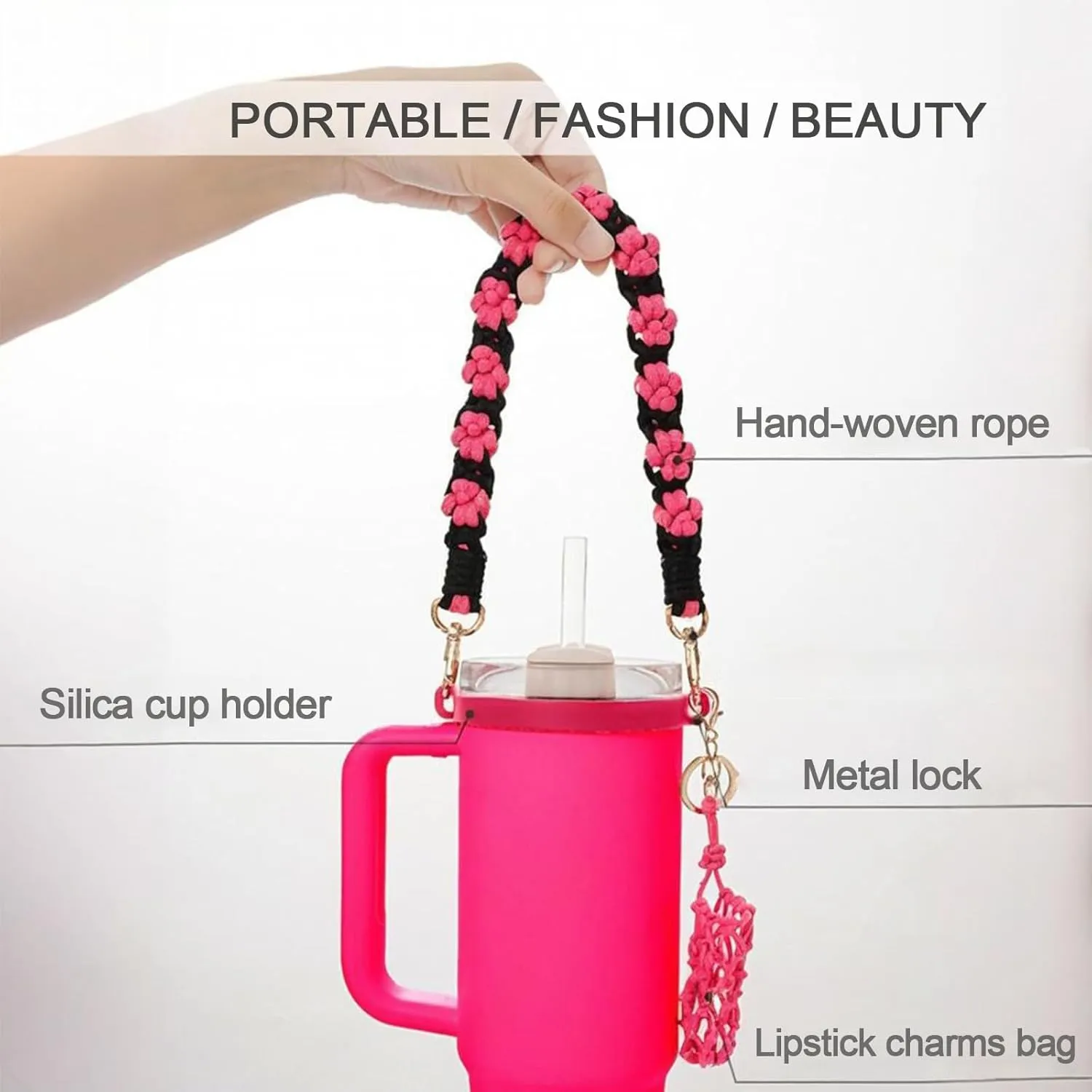 Stanley Cup Accessories Set, Decor for 14oz 20oz 30oz 40oz Water Bottle, Includes Tumbler Handle Strap, Cup Boot, Lipstick Charms Bag, Gifts for Girls & Kids