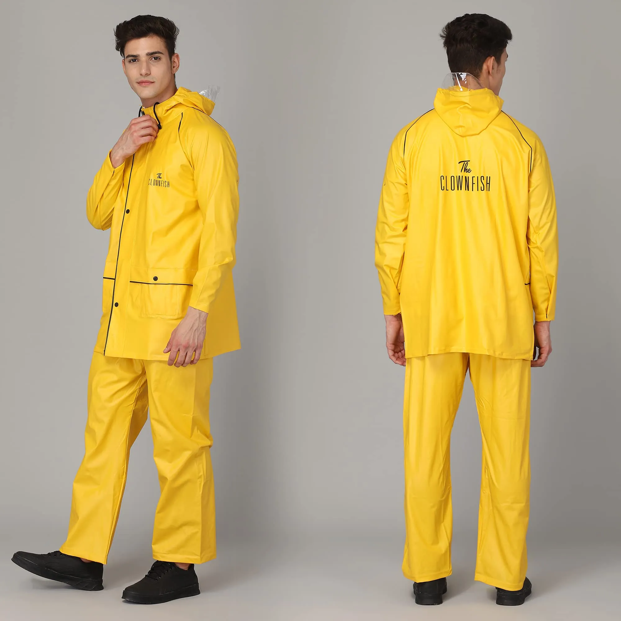 THE CLOWNFISH Rain Coat for Men Waterproof for Bike Reversible Double Layer with Hood Raincoat for Men. Set of Top and Bottom Packed in a Storage Bag Opener Pro Series (Grey, XX-Large)