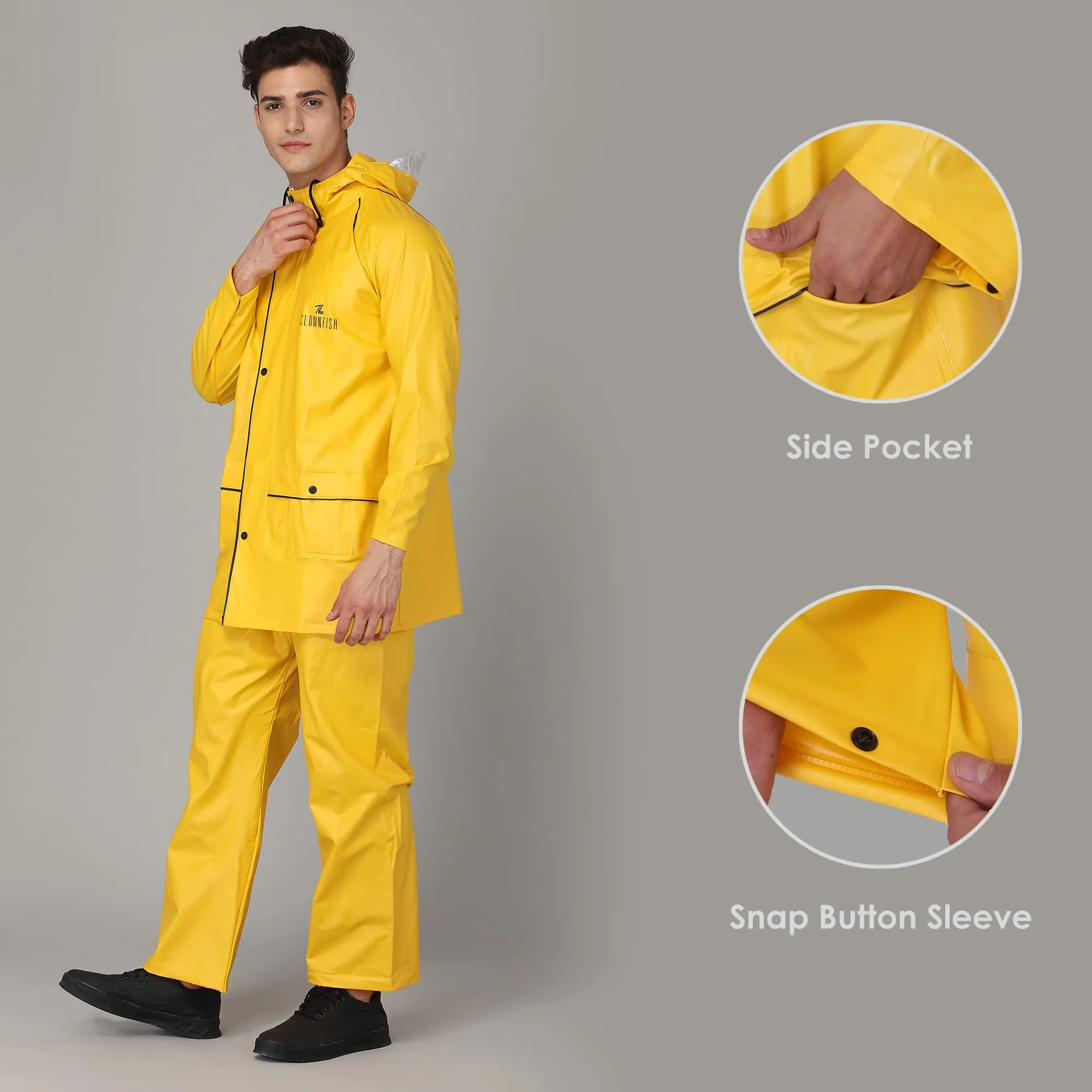 THE CLOWNFISH Rain Coat for Men Waterproof for Bike Reversible Double Layer with Hood Raincoat for Men. Set of Top and Bottom Packed in a Storage Bag Opener Pro Series (Grey, XX-Large)