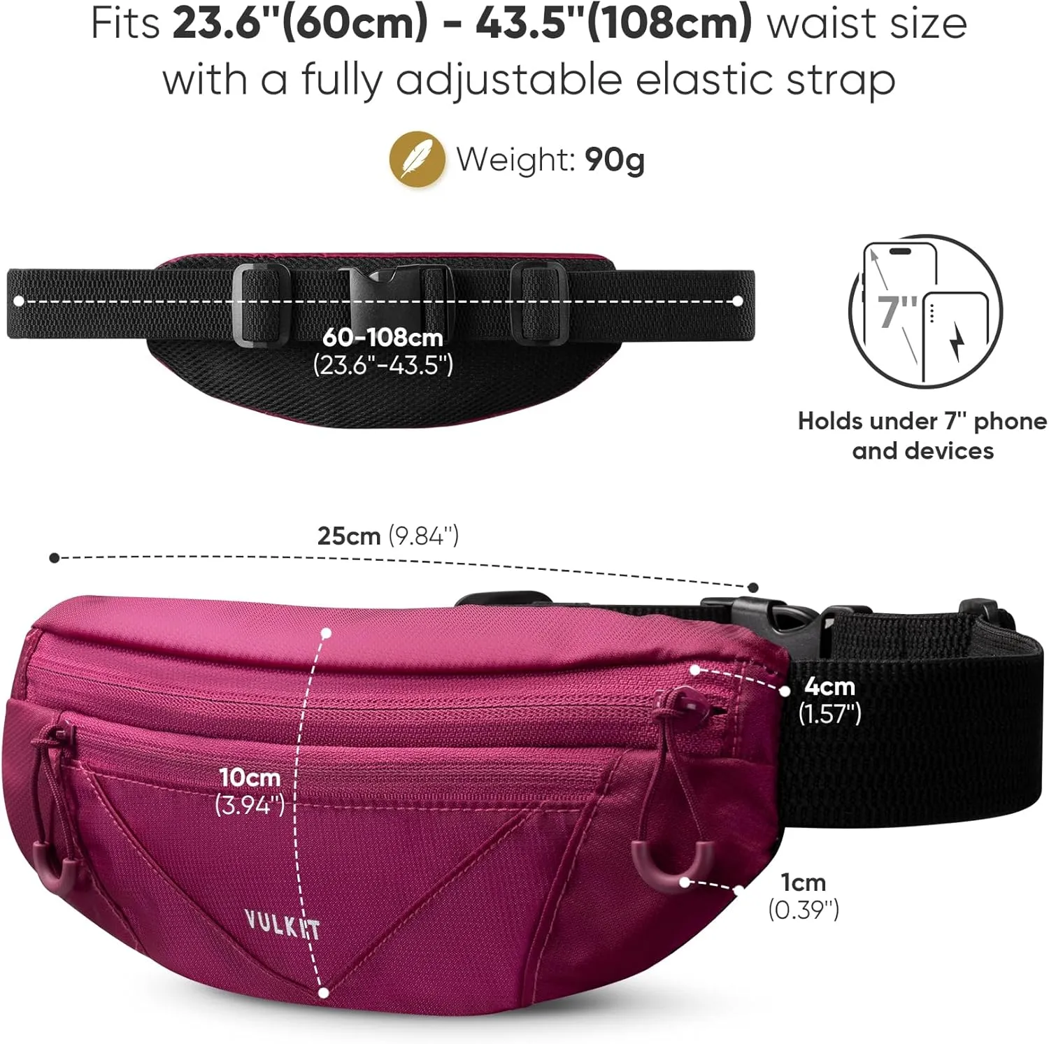 VULKIT Casual Lightweight Fanny Pack for Women & Men, Outdoor Belt Bag to Free Your Hands, Nylon Waterproof Waist Bag with Adjustable Elastic Band, Small Slim Fit Fashion Waist Pack, Rose Pink