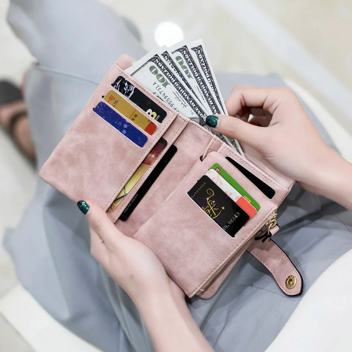 Wallets for Women Bifold Small Rfid Soft Leather Ladies Wallets Trifold Womens Wallets Billfolds Mini Wristlet Clutch Cute Zipper Coin Purse with Wrist Strap