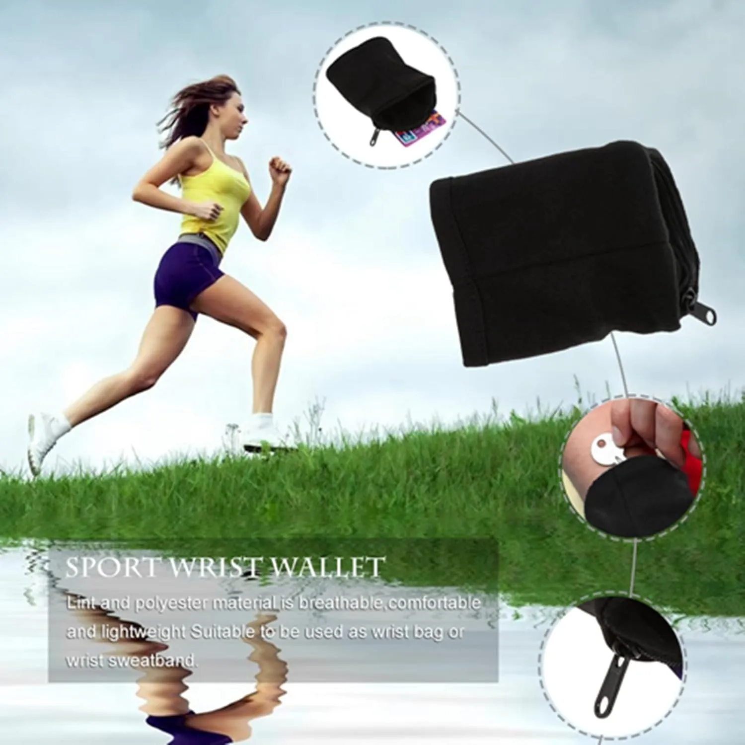 Wrist Wallet, 9 * 10cm / 3.5 * 4inch Sport Wrist Pocket Pouch Zipper Sweatband Wristband Breathable Pocket Sweatband for Outdoor Sports Running Jogging Gym Hiking Walking, Black