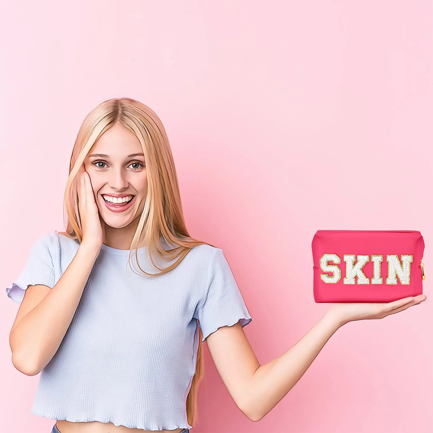 Y1tvei Preppy Patch SKIN White Letter Cosmetic Toiletry Bag PU Leather Portable Makeup Bag Daily Use Storage Pouch Toiletry Purse Waterproof Organizer for Travel Varsity Women Girls (Rose Pink)