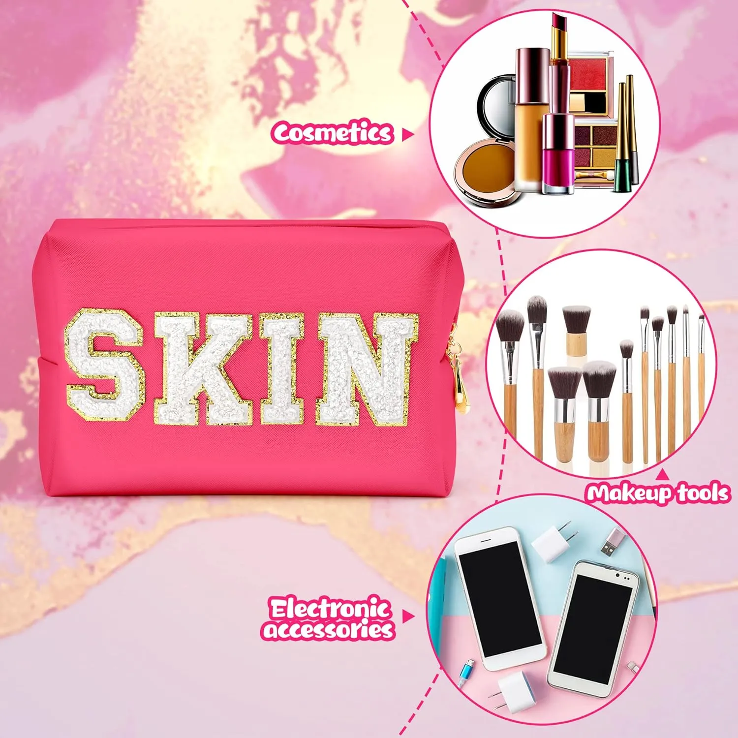 Y1tvei Preppy Patch SKIN White Letter Cosmetic Toiletry Bag PU Leather Portable Makeup Bag Daily Use Storage Pouch Toiletry Purse Waterproof Organizer for Travel Varsity Women Girls (Rose Pink)