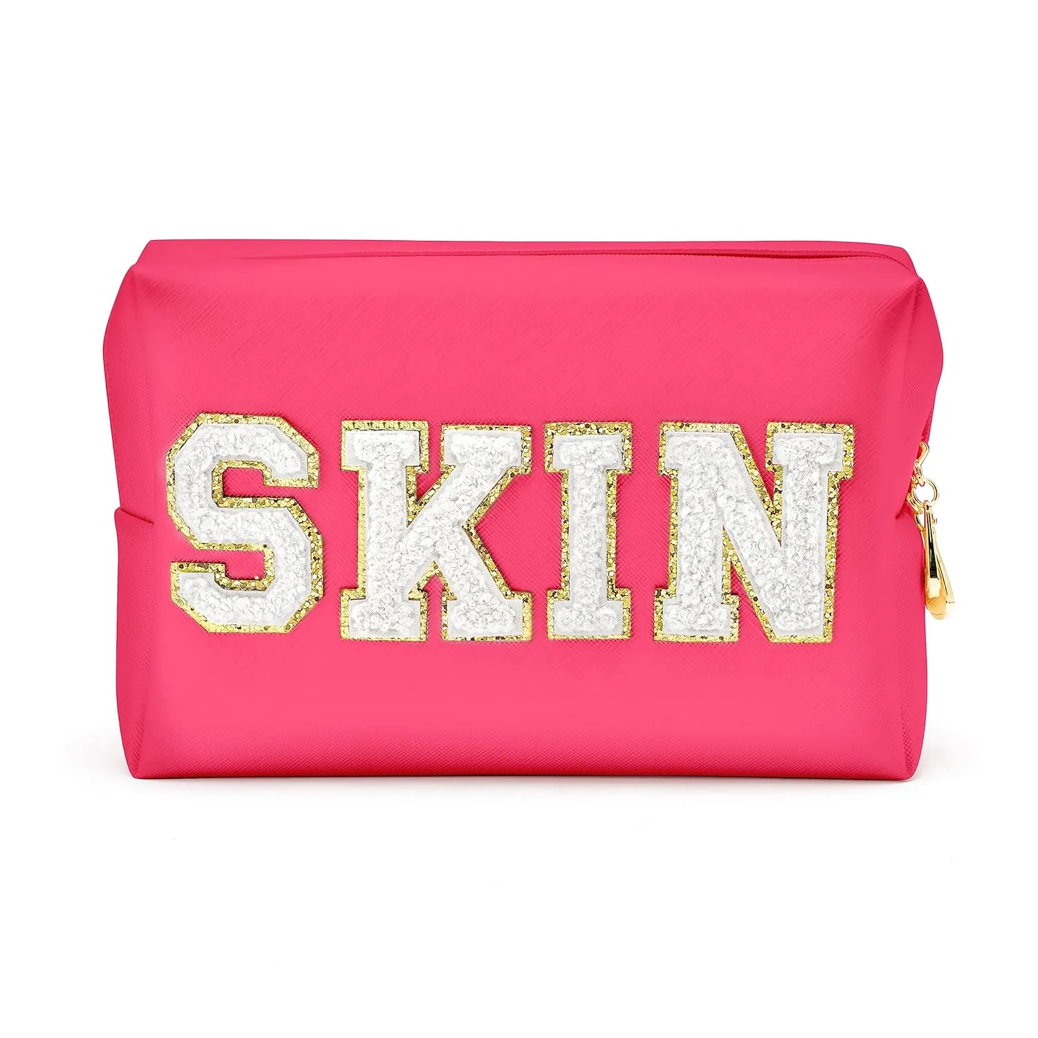 Y1tvei Preppy Patch SKIN White Letter Cosmetic Toiletry Bag PU Leather Portable Makeup Bag Daily Use Storage Pouch Toiletry Purse Waterproof Organizer for Travel Varsity Women Girls (Rose Pink)