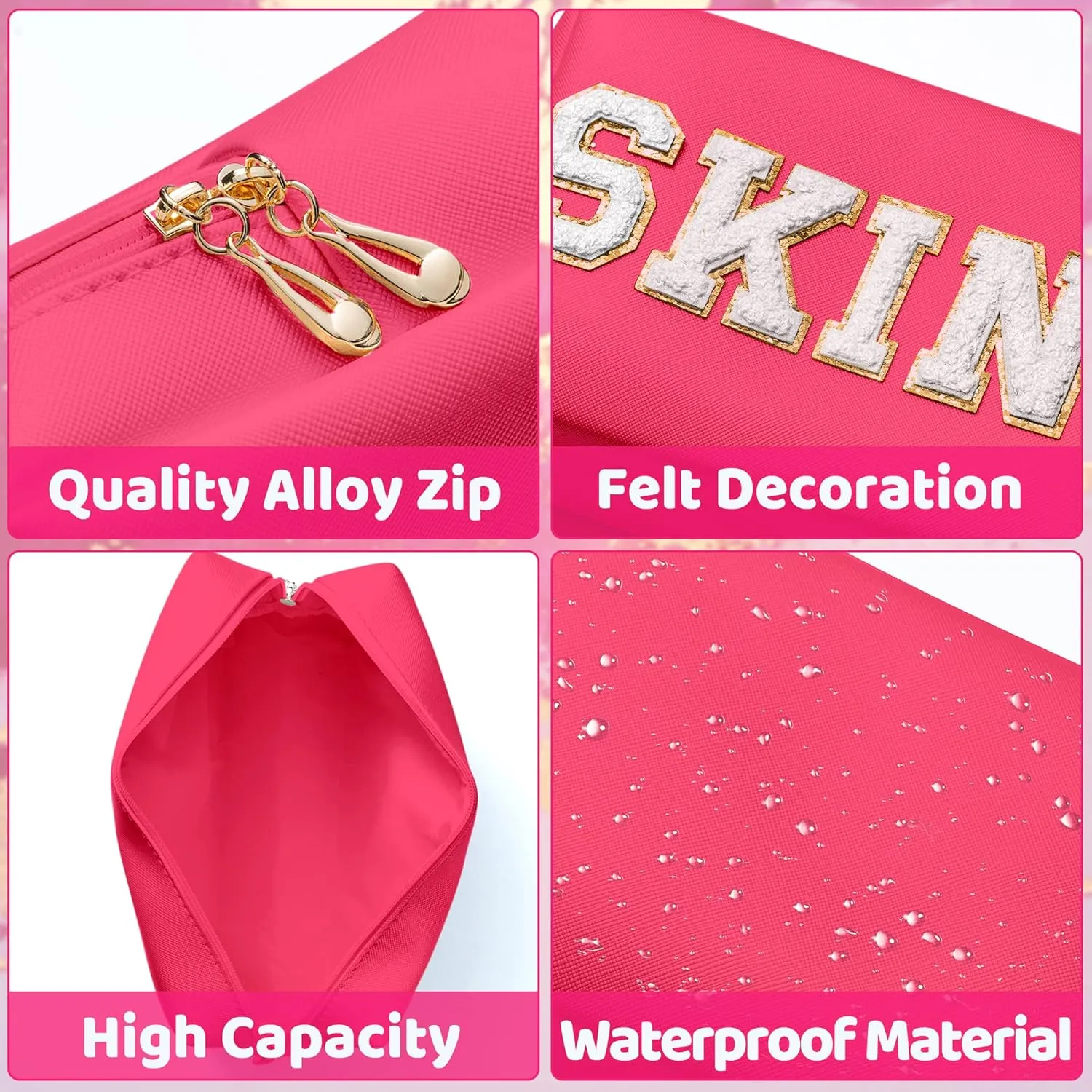 Y1tvei Preppy Patch SKIN White Letter Cosmetic Toiletry Bag PU Leather Portable Makeup Bag Daily Use Storage Pouch Toiletry Purse Waterproof Organizer for Travel Varsity Women Girls (Rose Pink)