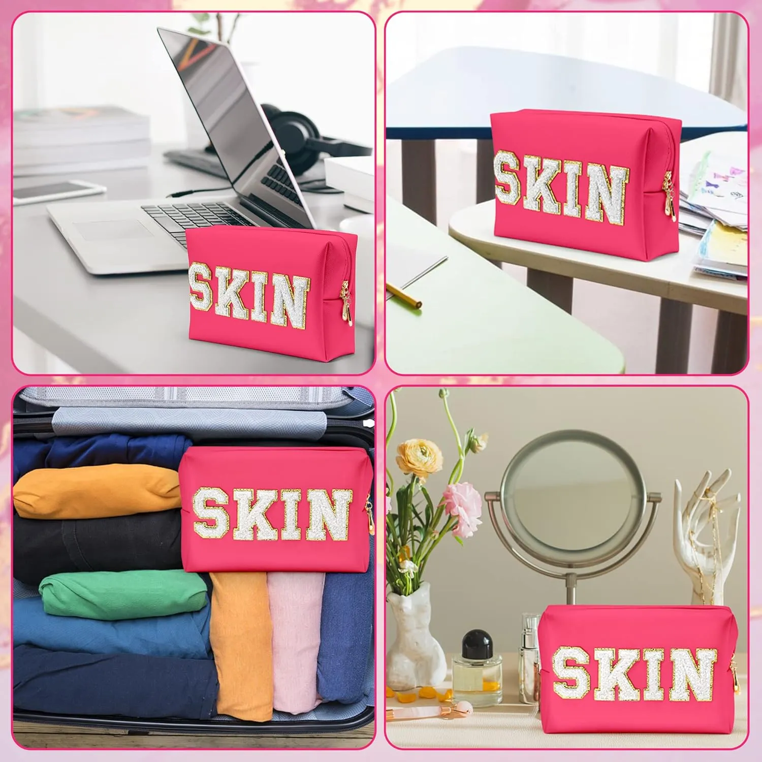 Y1tvei Preppy Patch SKIN White Letter Cosmetic Toiletry Bag PU Leather Portable Makeup Bag Daily Use Storage Pouch Toiletry Purse Waterproof Organizer for Travel Varsity Women Girls (Rose Pink)